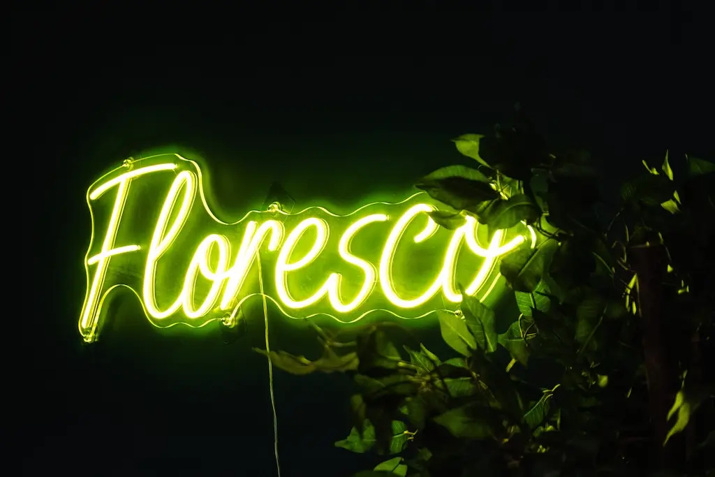 the floresco logo as a neon sign in our Bath office
